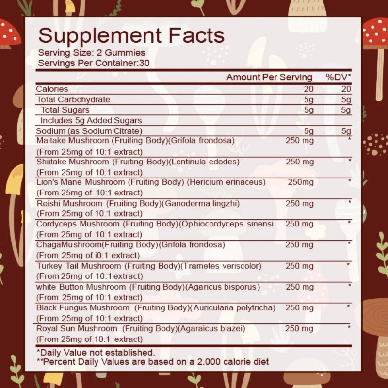 MENXI Mushroom Extract Complex Gummies Lions Mane Chaga Reishi Focus