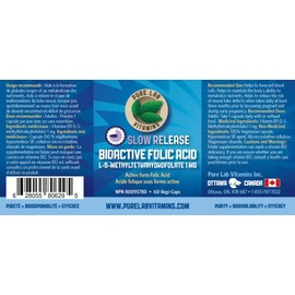 Pure Lab Vitamins Pure Lab Vitamins | Slow Release Bioactive Folic Acid 1mg | 60 Capsules | Vitamin B9 Folic Acid Supplement for Women | Folic Acid for Pregnancy | L-5-MTHF Supplement | Immune System Suport & Cardiovascular