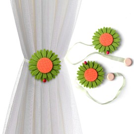 KOLAKO Magnetic Curtain Tiebacks, Sunflower Tie Backs for Curtains, Decorative Magnet Rope Holdbacks Clips Window Drapery Holder Treatment,Green Curtain Ties Backs Pair, 2 Pack