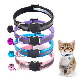 Pack of 4 Cat Collars with Safety Clasp, Adjustable Reflective Kitten Collars with Bell