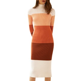 ninovino Women's Turtleneck Bodycon Sweater Long Sleeve Slim Chunky Knitted Pullover Dresses Orange&Brown S