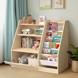 TOETOL 3 Tier Kids Bookshelf and Book Storage，6 Sling Toddler Bookshelf, Storage Boxes Book Shelf & Organizer for Nursery Playroom Classroom Library Bedroom Natural Wood