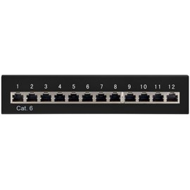 Goobay 69307 CAT 6 Patch Panel 12 Port / RJ45 Buchsen Netzwerkstecker / 250 MHz LAN Patchfeld / 1 HE Verteilerfeld / Mini Desktop Patchpanel Wandmontage / Schwarz