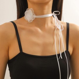 Gothic Flower Lace Choker Camellia Lace Velvet Necklace for Women Long Ribbon Floral Necklace Lace Flower Bow Bride Wedding Party Collar Necklace (White)