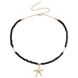 Azusa Sun Boho Beaded Choker Necklace Starfish Cute Summer Pendant Necklace Colorful Beaded Beach Necklace Fashion Jewelry Gift For Women Girls （Black）,(DDF016)