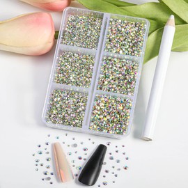 Beadsland 7200 pieces flatback rhinestones, clear rhinestones, nail gemstones, round crystal rhinestones for crafts, mixed 6 sizes with wax crayon kit, SS3-SS10, crystal AB
