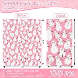 JarThenaAMCS 100Pcs Pink Christmas Guest Napkins Cute Snowman Disposable Paper Napkins Winter Xmas Dinner Hand Napkins for Birthday Party Tableware Supplies