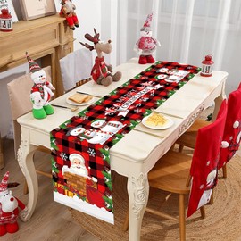 Christmas Table Runner Red Xmas Table Cloth Runner Merry Christmas Table Runner with Santa Claus Snowman Tree Reusable Dinner Table Decoration for Xmas New Year Holiday Party Decor Home 71*14 Inch