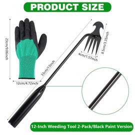 YOOIPI 2 Pcs Weed Puller Tool with 2 Pairs of Garden Work Gloves, 4 Teeth Gardening Hand Weeder Tools, Stainless Steel Weeding Artifact Uprooting Remover Tool for Garden Backyard Farm (13in)