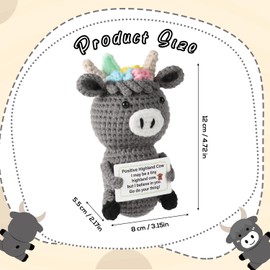 lasuroa Positive Highland Cow, Crochet Highland Cow Positive Doll Emotional Support Plush Animals Toy with Positive Messages Knitted Highland Cow for Encouragement Gifts Party Decoration (Dark Grey)