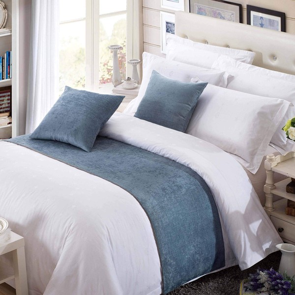 OSVINO Camino de cama de chenilla, sólido, transpirable, moderno, protección para dormitorio, hotel, color azul, 260 x 50 cm para cama de 200 cm