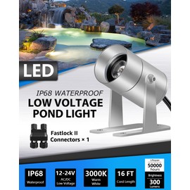SUNVIE Pond Lights LED Underwater Submersible 12-24V AC/DC Fountain Lights Submersible Outdoor LED 3W Underwater Pond Light for Outdoor Ponds Fountains, IP68 Waterproof Warm White Fountain Ponds Light