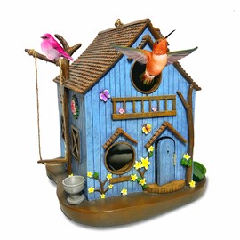 Enchanted Forest Outdoor Birdhouse for Hanging - Deluxe Multi-Family Design, Multiple 1.65" Entrance Holes, Swing Perch, Seed Tray, Water Dish, Butterfly & Flower Accents, Weather Resistant Resin