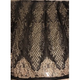 wowfabric4less123 Black Gold Embroidery 4way stretch sequin Lace fabric 50” Width 1 Yard