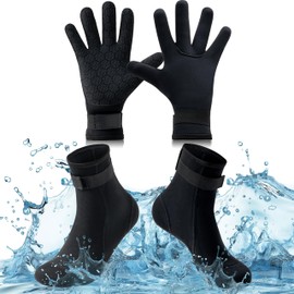 TirEurt 3mm Neoprene Gloves and Socks, Wetsuit Gloves and Socks with Adjustable Waist Strap, Thermal Anti-slip Diving Gloves and Socks Unisex Water Sports Supplies for Diving Surfing, Size S