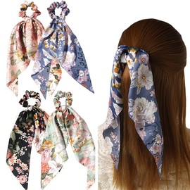Big Flower Hair Scarf Scruncheis for Women Girls, Bowknot Scrunchies for Hair, Chiffon Floral Scrunchie Long Hair Bands Ties Ponytail Holder (Flower)