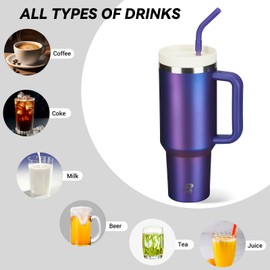 Riley Joy 1.2 L Cup with Lid and Straw, Insulated Cup with 12 Hours Cooling, Kettle with Handle, BPA-Free, Double Layer Stainless Steel Vacuum Leak-Proof Drinking Cup, Purple