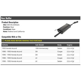 Marketplace Auto Parts Rear Muffler - Compatible with 1990-1993 Honda Accord 2.2L 4-Cylinder
