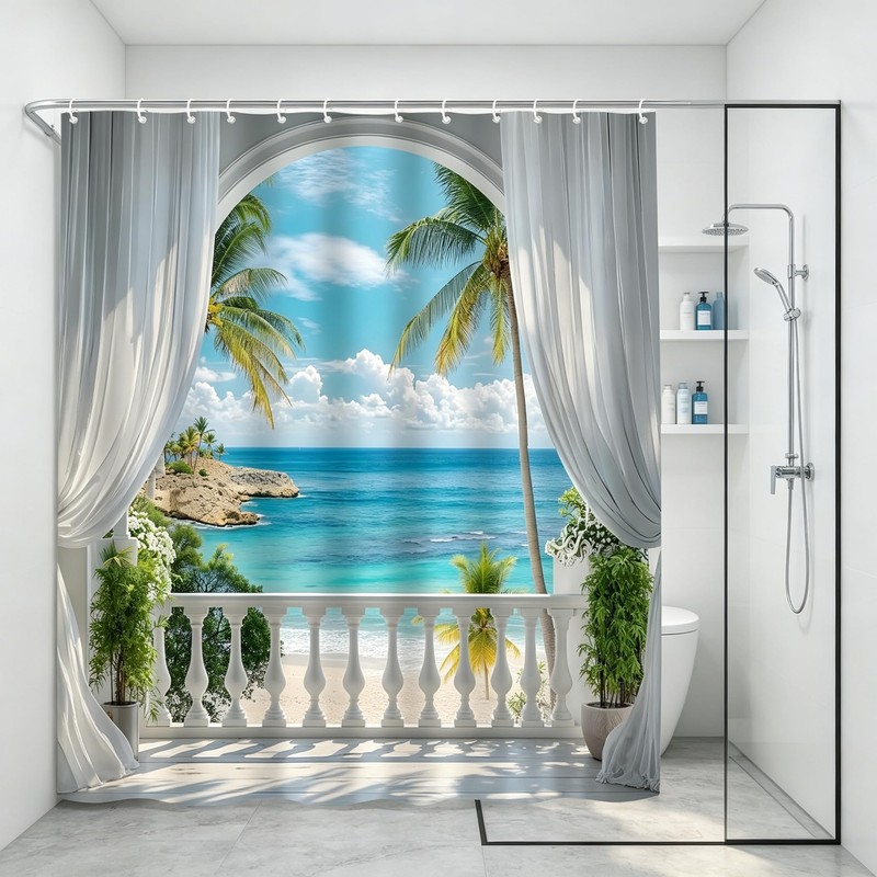 HUSPWP Ocean Beach Shower Curtain, Tropical Hawaiian 70x70IN