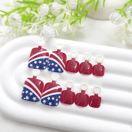 4th of July Press on Toenails Short Square Fake Toe Nail American Flag Acrylic Toenails with Stars Stripe Glitter Designs Red Full Cover Independence Day Stick on Toenails for Women 24Pcs