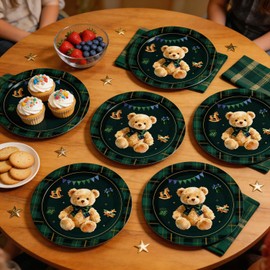 60Pcs Teddy Bear Baby Shower Decorations 7in Green Blue Tartan Party Plates