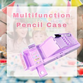 【2Pack】Pop Up Multifunction Pencil Case for Girls and Boys, Cute Cartoon Pen Box Organizer Stationery with Lock, Sharpener, Schedule, Whiteboard, School Supplies, Best Gifts for Kids (Purple+Pink)
