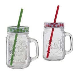 1 x Oramics drinking glass with lid and straw, vintage mason jar glass with lid and straw, 500 ml (colour green/red not freely selectable)