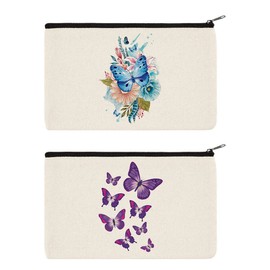 WIRESTER Set Of 2 Canvas Zipper Makeup Bag, Cosmetic Pouch, Organizer Case for Women Girl, Multi-Purpose Travel Cosmetic Bag - Watercolor Blue Butterfly Flower, Pink Purple Butterflies
