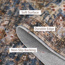 GAOMON 9x12 Area Rug Vintage Distresse Machine Washable Area Rug for Living Room Bedroom Traditional Medallion Floral Non-Slip Stain Resistant Accent Rug Carpet for Home Decor, Blue/Brown