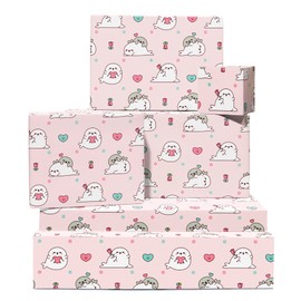 CENTRAL 23 Pink Wrapping Paper - Anniversary Wrapping Paper - 6 Sheets Of Gift Wrap For Men Women - Lazy Kawaii Seal Love Flower Heart Pattern - For Valentine's Day - Recyclable