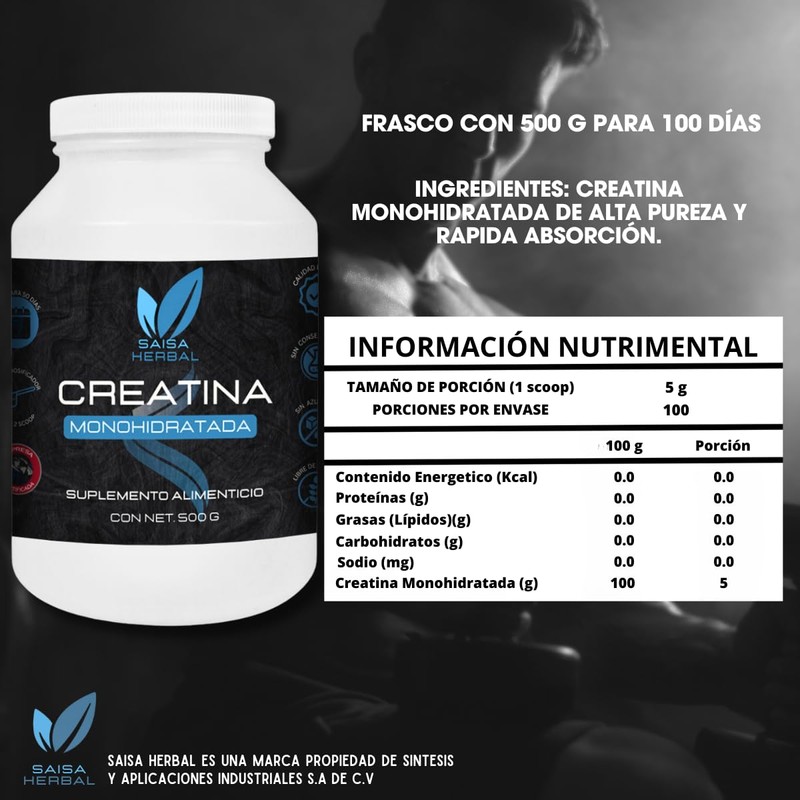 Creatina Monohidratada Alta Pureza y Alta absorción con 500 g