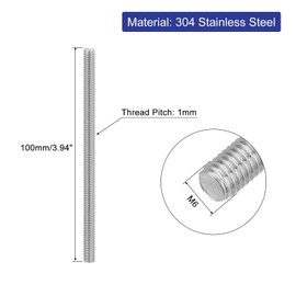 uxcell 6Pcs Fully Threaded Rod, M6 x 100mm 304 Stainless Steel Right Hand Thread Bar Studs M6-1 Thread Pitch for Furniture Machinery Assembly