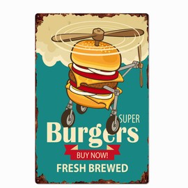 UOOPAI Super Burgers Fresh Brewed Metal Tin Sign, Vintage Plate Plaque Home Wall Decor