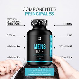 Vitaminas para el Cabello del Hombre 90 Cápsulas 500 mg por cápsula. Colágeno Hidrolizado, L Lysina, Zinc, B5, B6, Biotina y D3. Ingredientes naturale