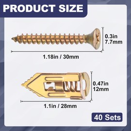 Isslly 40pcs Self Drilling Drywall Anchors with Screws Kit, Metal Expansion Screws, Heavy Duty Wall Anchors for Hanging Picture Frames Wall Sconces Curtains Clocks- Gold