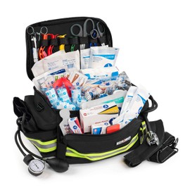 Scherber First Responder Fully-Stocked Professional Essentials EMT/EMS Trauma Kit | HSA/FSA Approved | Reflective Bag w/8 Zippered Pockets & Compartments & 200+ First Aid Supplies - Black
