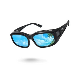 Meeloog Polarized Sports Sunglasses Fit Over Glasses for Men Women, Wrap Around UV Protection Shades Driving Cycling Fishing (P1 Black Frame/Blue Mirrored Lens)