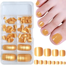 AddFavor 120pcs False Toe Nails Gold Glossy Press on Toenails Short Full Cover Square Fake Toenails Acrylic Nail Tips 12 Sizes for Women Girls