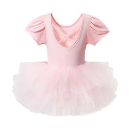 KARETT Toddler Ballet Leotard with Snap Glitter Ballerina Outfit Criss-Cross Short Sleeve Pink Tutu Dress for Girls 6-7 Years