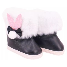 Justaskjoyce Boots, Black Leather Winter Plush Boots, with White Fur Trim, for 18 Inch Dolls