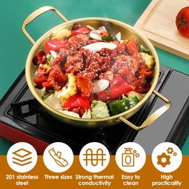 Set of 3 Korean Ramen Noodle Pot with Handles, Stainless Steel Ramen Cooking Pot, 7in 8.6in 10.2in Golden Ramen Cooker, Rapid Noodle Cooker, Fast Heating Ramen Stock Pot Pan for Soup,Pasta,Hotpot