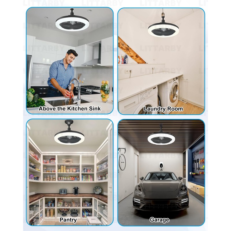 Socket Fan Light with Remote Control, 3 Colors 3000K-6500K Dimmable