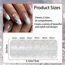 Nail Pearls,3D Nail Art Charms,24Grid Rhinestones,Semicircular Pearl Balls,White Pearls for Nails,Flatback Half-Round Pearl Beads,for DIY Acrylic Nails Decoration Wedding Party Manicurist Salon Design