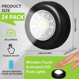 24 Pieces LED Puck Lights Wireless Under Cabinet Lighting 60 Lumens Portable Push Battery Operated Lights Mini Touch Closet Lights Stick on Lights DIY Tap Lights for Counter Wall, White Light (Silver)