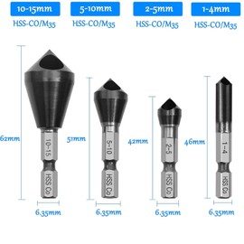 KEWAYO 4 Piece Countersink Deburring Countersink 90° Chamfer Titanium Coated Countersink Drill Bit Set, Cross Hole Countersink HSS-Co (Cobalt) for Wood, Metal, Plastic