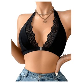 OYOANGLE Women's Lace Trim Front Closure Bralette Halter Neck Wireless Backless Knitted Casual Everyday Bras Black Medium