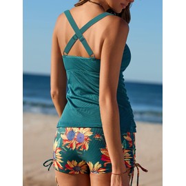 Summer Mae Tankini Swimsuits for Women Bathing Suits Top Ruched Two Piece Tummy Control Round Neck with V-Wire Swim Suits Sunflower L