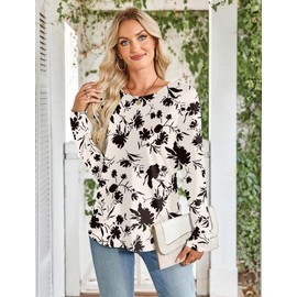 Sherosa Women's Tunics for Leggings Floral Printed Long Sleeve T Shirts Business Casual Loose Fit Tops Apricot L