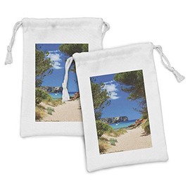 Ambesonne Beach Fabric Pouch Set of 2, View on Cala Algaiarens from Sand Pathway Cliff in Water Menorca Island Europe Theme, Small Drawstring Bag for Toiletries Masks and Favors, 9" x 6", Multicolor