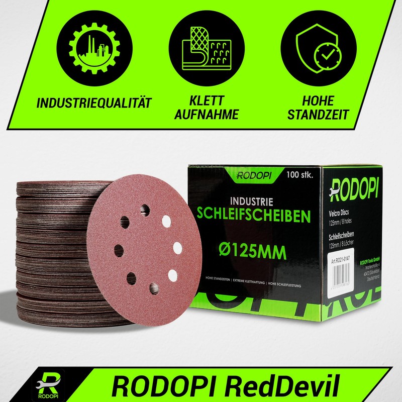 RODOPI RedDevil Sandpaper 125 mm Velcro Grit 40-320 Sanding Discs